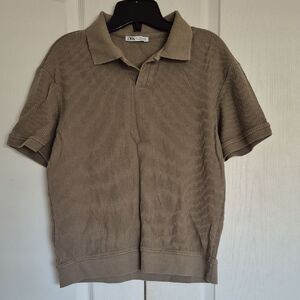 Zara Men's Ribbed Sage Green Polo Short Sleeves Shirt